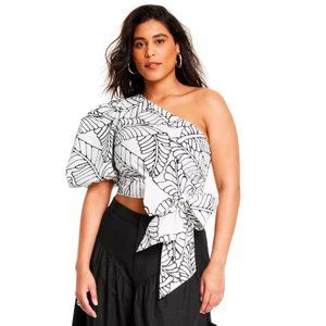 Fe Noel Palm Leaf Print Wrap Tie One Shoulder Balloon Sleeve Top